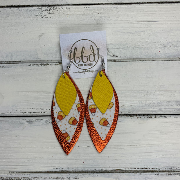 DOROTHY - Leather Earrings  ||  <BR> YELLOW SAFFIANO,  <BR> CANDY CORNS (FAUX LEATHER),  <BR> METALLIC ORANGE PEBBLED