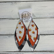 INDIA - Leather Earrings   ||  <BR>   CANDY CORNS (FAUX LEATHER),  <BR>  METALLIC ORNAGE PEBBLED,  <BR> BLACK & WHITE BUFFALO PLAID