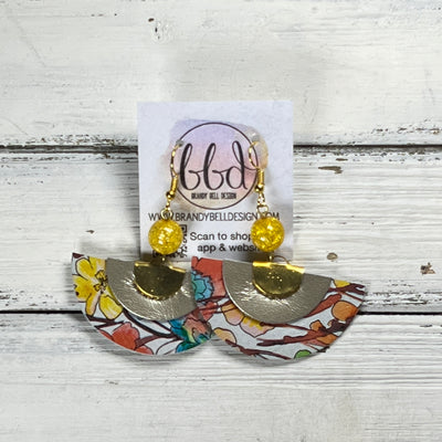 SUEDE + STEEL *OOAK* COLLECTION || Leather Earrings || <BR> METALLIC CHAMPAGNE SMOOTH, <BR> ORANGE WATERCOLOR FLORAL