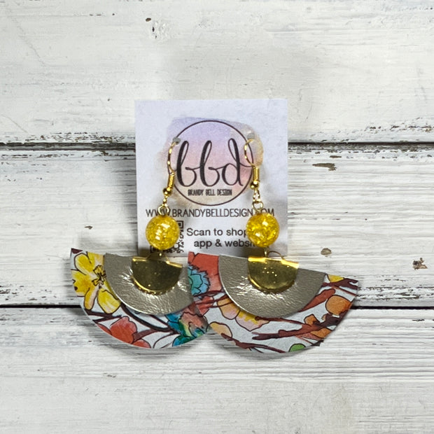SUEDE + STEEL *OOAK* COLLECTION || Leather Earrings || <BR> METALLIC CHAMPAGNE SMOOTH, <BR> ORANGE WATERCOLOR FLORAL