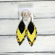 DOROTHY - Leather Earrings  ||  <BR> CHUNKY BLACK GLITTER (FAUX LEATHER),  <BR> BRIGHT YELLOW & WHITE POLKADOTS,  <BR> SUNFLOWERS ON BLACK