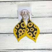 EVE - Leather Earrings  || <BR>SUNFLOWERS ON BLACK, <BR> YELLOW SAFFIANO