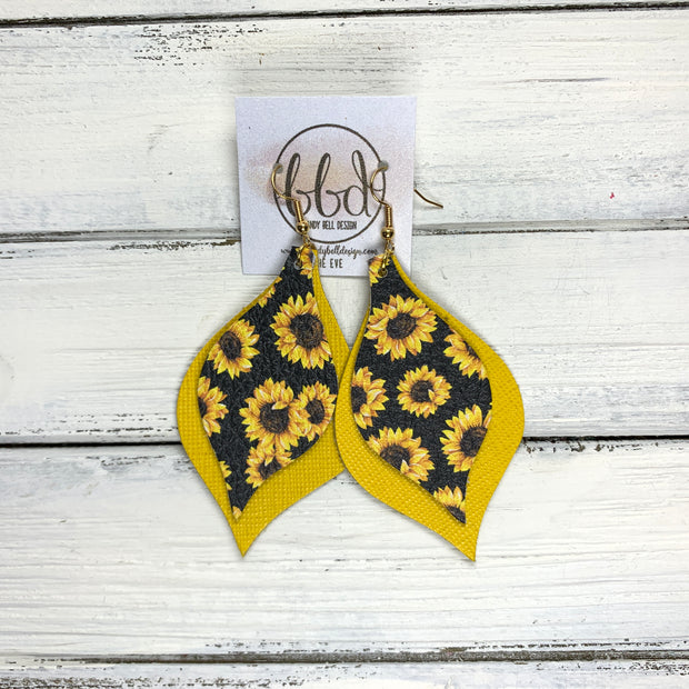 EVE - Leather Earrings  || <BR>SUNFLOWERS ON BLACK, <BR> YELLOW SAFFIANO