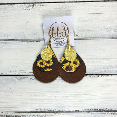 LINDSEY - Leather Earrings  || DAFFODIL GLITTER (FAUX LEATHER), SUNFLOWERS ON BLACK, DISTRESSED BROWN