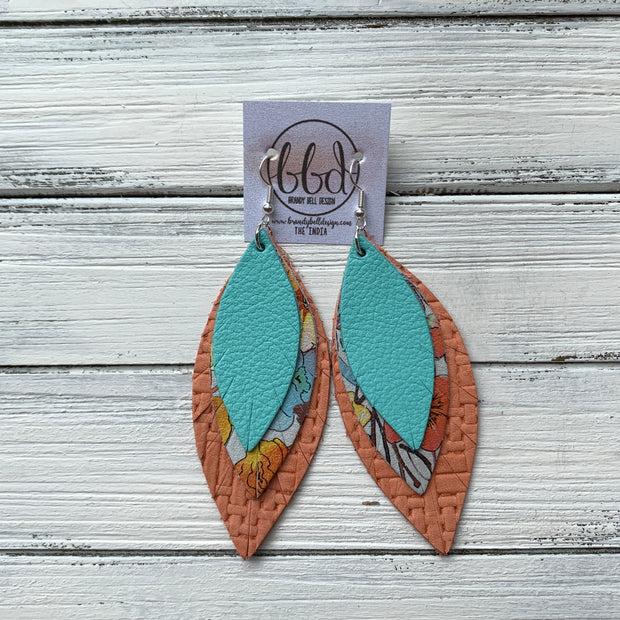 INDIA - Leather Earrings   ||  <BR>   ROBINS EGG BLUE,  <BR> WATERCOLOR FLORAL, <BR> SALMOM PANAMA WEAVE