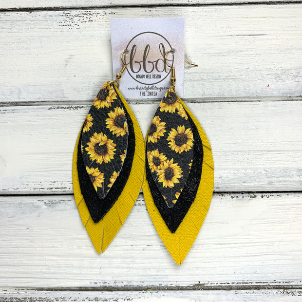 INDIA - Leather Earrings   ||  <BR>  SUNFLOWERS ON BLACK,  <BR>  SHIMMER BLACK,  <BR> YELLOW SAFFIANO