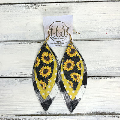 INDIA - Leather Earrings   ||  <BR>  SUNFLOWERS ON BLACK,  <BR>  PALE YELLOW POLKADOTS,  <BR> BLACK & WHITE BUFFALO PLAID