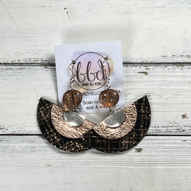 SUEDE + STEEL *OOAK* COLLECTION || Leather Earrings || <BR> METALLIC ROSE GOLD PEBBLED, <BR> ROSE GOLD PLAID