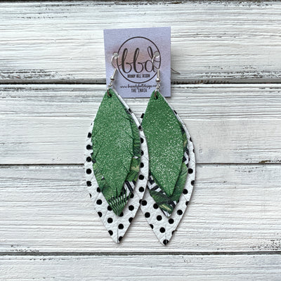 INDIA - Leather Earrings   ||  <BR>  SHIMMER GREEN,  <BR> BLACK & WHITE GEOMETRIC PALM, <BR> WHITE & BLACK POLKADOTS