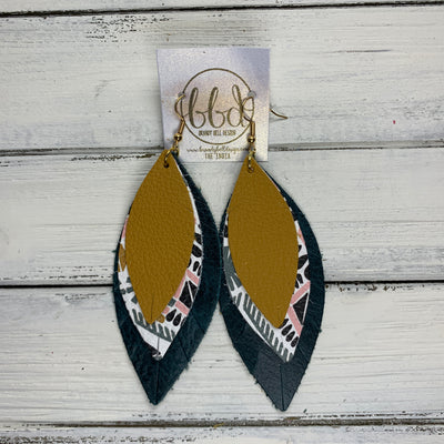 INDIA - Leather Earrings   ||  <BR>   MATTE MUSTARD,  <BR>   WHITE GEOMETRIC,  <BR> DISTRESSED TEAL