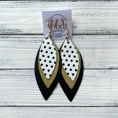 INDIA - Leather Earrings   ||  <BR>  WHITE & BLACK POLKADOT,  <BR> DISTRESSED OCHRE, <BR> BLACK TEXTURE PALMS