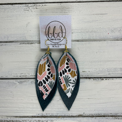 ALLIE -  Leather Earrings  ||  <BR> WHITE GEOMETRIC, <BR> DISTRESSED TEAL