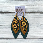 INDIA - Leather Earrings   ||  <BR>  SUNFLOWER ON BLACK,  <BR> MUSTARD PALMS, <BR> MATTE SPRUCE GREEN
