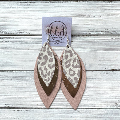 INDIA - Leather Earrings   ||  <BR> NUDE LEOPARD,  <BR> METALLIC ROSE GOLD SMOOTH, <BR> MATTE BLUSH