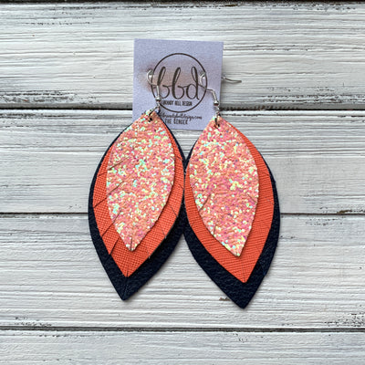 GINGER - Leather Earrings  ||  <BR>  PEACH GLITTER (NOT REAL LEATHER) <BR> NEON CORAL SAFFIANO <BR> NAVY BLUE