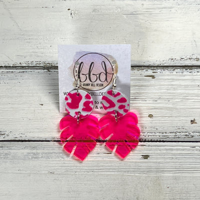 ACRYLIC PALM COLLECTION: SMALL PALM-  Leather Earrings  ||  <BR>  NEON PINK LEOPARD, <BR> NEON PINK PALM LEAF