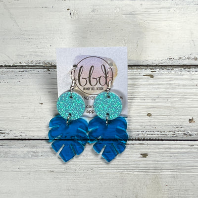 ACRYLIC PALM COLLECTION: SMALL PALM-  Leather Earrings  ||  <BR>  AQUA FINE GLITTER ON CORK, <BR> NEON BLUE PALM LEAF