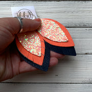 GINGER - Leather Earrings  ||  <BR>  PEACH GLITTER (NOT REAL LEATHER) <BR> NEON CORAL SAFFIANO <BR> NAVY BLUE