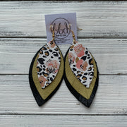 GINGER - Leather Earrings  ||  <BR>  CORAL FLORAL CHEETAH,  <BR> PEARLIZED OCHRE, <BR> SHIMMER BLACK