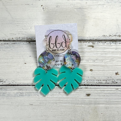 ACRYLIC PALM COLLECTION: SMALL PALM-  Leather Earrings  ||  <BR>  ABALONE, <BR> AQUA PALM LEAF