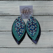 GINGER - Leather Earrings  ||  <BR> MOROCCAN TILE,  <BR> DUSTY AQUA, <BR> METALLIC NAVY PEBBLED