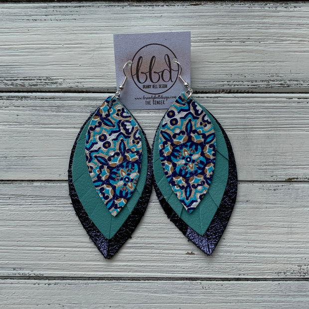GINGER - Leather Earrings  ||  <BR> MOROCCAN TILE,  <BR> DUSTY AQUA, <BR> METALLIC NAVY PEBBLED