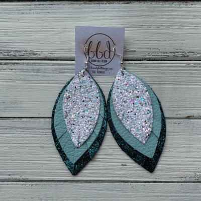 GINGER - Leather Earrings  ||  <BR> CONFETTI CAKE GLITTER (FAUX LEATHER),  <BR> ROBINS EGG BLUE, <BR> SHIMMER TEAL