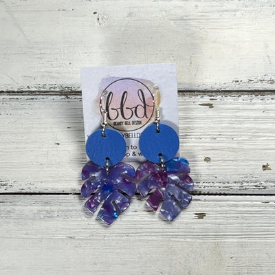 ACRYLIC PALM COLLECTION: SMALL PALM-  Leather Earrings  ||  <BR>  MATTE PERIWINKLE, <BR> PURPLE/BLUE PALM LEAF