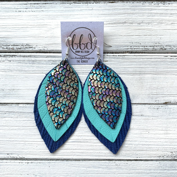 GINGER - Leather Earrings  ||  <BR>ANTIQUE MERMAID,  <BR> ROBINS EGG BLUE, <BR> COBALT BLUE PALMS