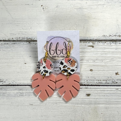 ACRYLIC PALM COLLECTION: SMALL PALM-  Leather Earrings  ||  <BR>  CORAL FLORAL CHEETAH, <BR> CORAL PALM LEAF
