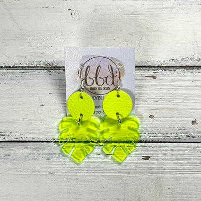 ACRYLIC PALM COLLECTION: SMALL PALM-  Leather Earrings  ||  <BR>  NEON YELLOW, <BR> NEON YELLOW PALM LEAF