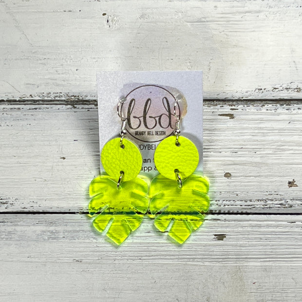 ACRYLIC PALM COLLECTION: SMALL PALM-  Leather Earrings  ||  <BR>  NEON YELLOW, <BR> NEON YELLOW PALM LEAF