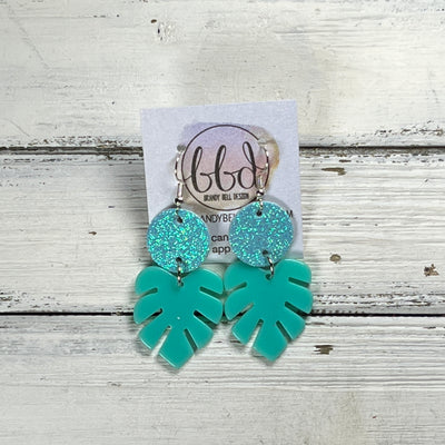 ACRYLIC PALM COLLECTION: SMALL PALM-  Leather Earrings  ||  <BR>  AQUA FINE GLITTER ON CORK, <BR> AQUA PALM LEAF