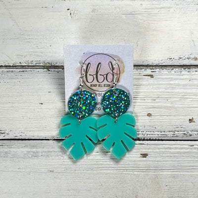 ACRYLIC PALM COLLECTION: SMALL PALM-  Leather Earrings  ||  <BR>  AQUA CHUNKY GLITTER ON CORK, <BR> AQUA PALM LEAF