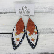 DOROTHY - Leather Earrings  ||  <BR> METALLIC ORANGE PEBBLED, <BR>  CANDY CORNS (FAUX LEATHER),  <BR> BLACK WITH WHITE POLKADOTS