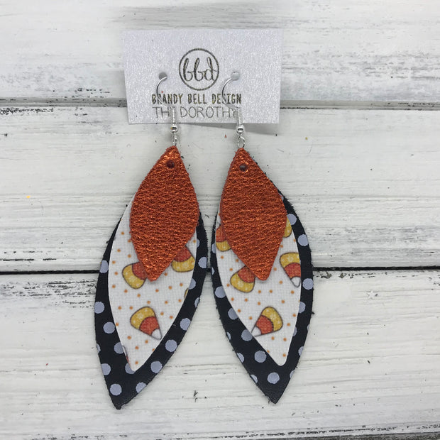 DOROTHY - Leather Earrings  ||  <BR> METALLIC ORANGE PEBBLED, <BR>  CANDY CORNS (FAUX LEATHER),  <BR> BLACK WITH WHITE POLKADOTS