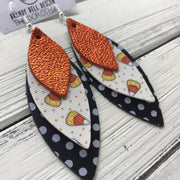 DOROTHY - Leather Earrings  ||  <BR> METALLIC ORANGE PEBBLED, <BR>  CANDY CORNS (FAUX LEATHER),  <BR> BLACK WITH WHITE POLKADOTS