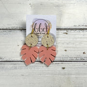 ACRYLIC PALM COLLECTION: SMALL PALM-  Leather Earrings  ||  <BR>  ROSE GOLD HATCHING, <BR> CORAL PALM LEAF
