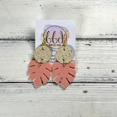 ACRYLIC PALM COLLECTION: SMALL PALM-  Leather Earrings  ||  <BR>  ROSE GOLD HATCHING, <BR> CORAL PALM LEAF