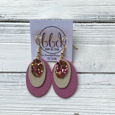 DIANE - Leather Earrings  ||    <BR> PINK & GOLD GLITTER (FAUX LEATHER), <BR> SHIMMER GOLD, <BR> MATTE MAUVE