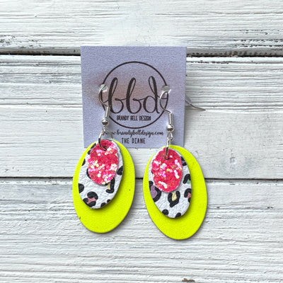 DIANE - Leather Earrings  ||    <BR> NEON PINK GLITTER (FAUX LEATHER), <BR> PASTEL CHEETAH, <BR> MATTE NEONN YELLOW