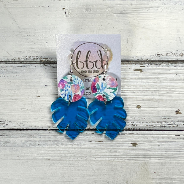 ACRYLIC PALM COLLECTION: SMALL PALM-  Leather Earrings  ||  <BR>  WATERCOLOR FLORAL, <BR> NEON BLUE PALM LEAF