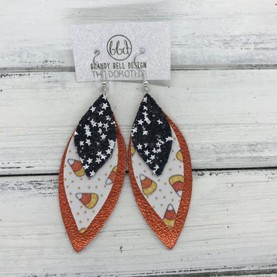 DOROTHY - Leather Earrings  ||  <BR>BLACK & WHITE STARS GLITTER (FAUX LEATHER), <BR>   CANDY CORNS (FAUX LEATHER),  <BR> METALLIC ORANGE PEBBLED
