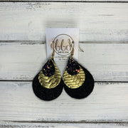 LINDSEY - Leather Earrings  ||  <BR> CITY LIGHTS GLITTER (FAUX LEATHER), <BR> METALLIC GOLD BRAIDED, <BR> SHIMMER BLACK