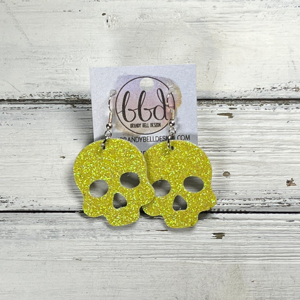 SKULL -  Leather Earrings  ||   <BR> YELLOW FINE GLITTER (LEATHER ON THICK CORK)