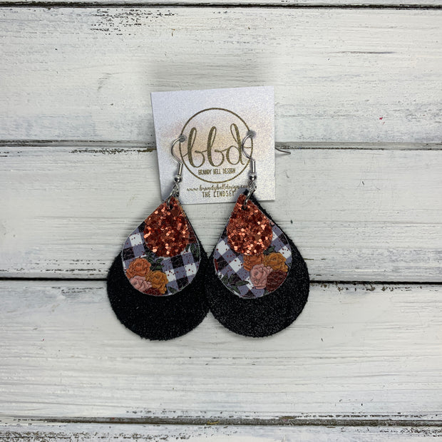 LINDSEY - Leather Earrings  ||  <BR> RUST GLITTER (FAUX LEATHER), <BR> GINGHAM FLORAL, <BR> SHIMMER BLACK