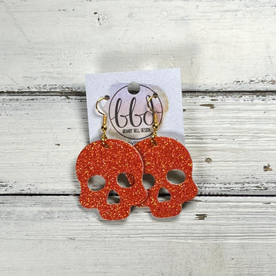 SKULL -  Leather Earrings  ||   <BR> BRIGHT ORANGE FINE GLITTER (LEATHER ON THICK CORK)