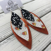 DOROTHY - Leather Earrings  ||  <BR>BLACK & WHITE STARS GLITTER (FAUX LEATHER), <BR>   CANDY CORNS (FAUX LEATHER),  <BR> METALLIC ORANGE PEBBLED