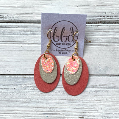 DIANE - Leather Earrings  ||    <BR> PEACH GLITTER (FAUX LEATHER), <BR> SHIMMER GOLD, <BR> MATTE SALMON