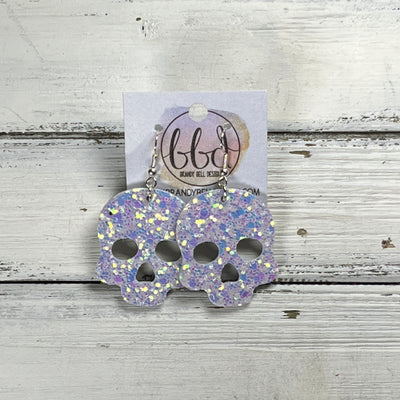 SKULL -  Leather Earrings  ||   <BR> IRIDESCENT WHITE CHUNKY GLITTER (LEATHER ON THICK CORK)